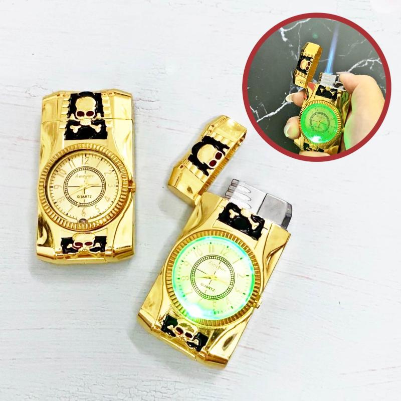 Đồng hồ bật lửa hình đầu lâu có đèn LED dùng gas lửa khò
