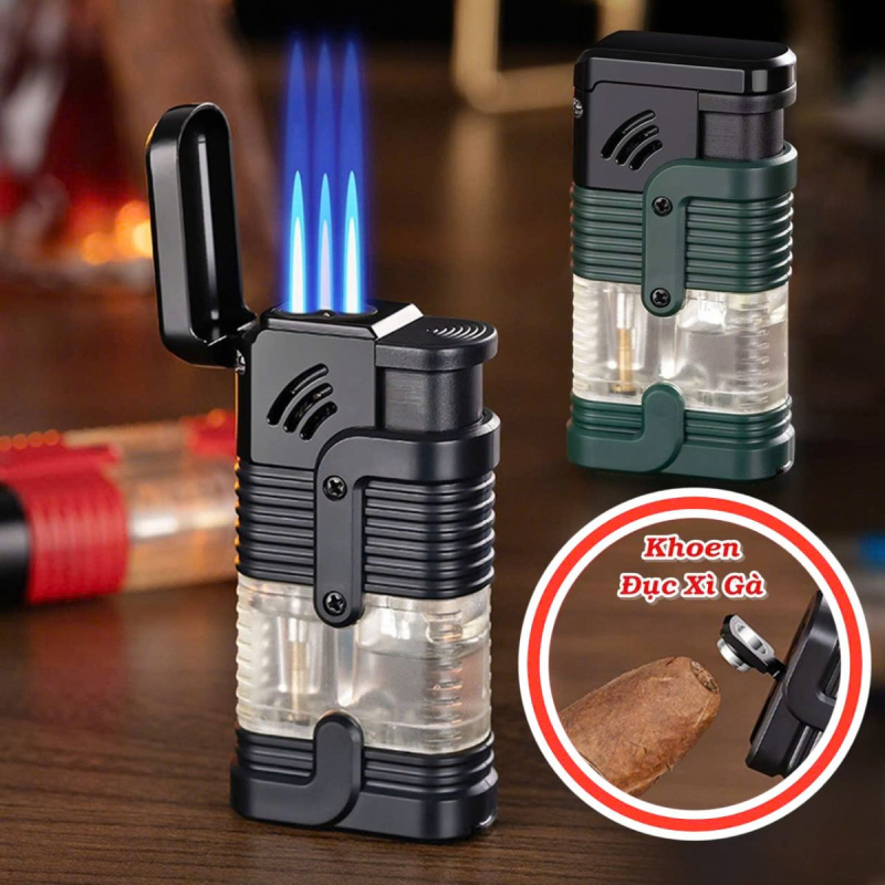 Bật lửa gas lộ thiên 3 tia có khoen đục lỗ thuốc - xài ga - có hộp