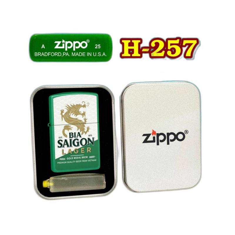 Bật lửa Zippo sơn tĩnh điện 2 mặt hình logo bia Sài Gòn Lager - hộp thiếc kèm xăng