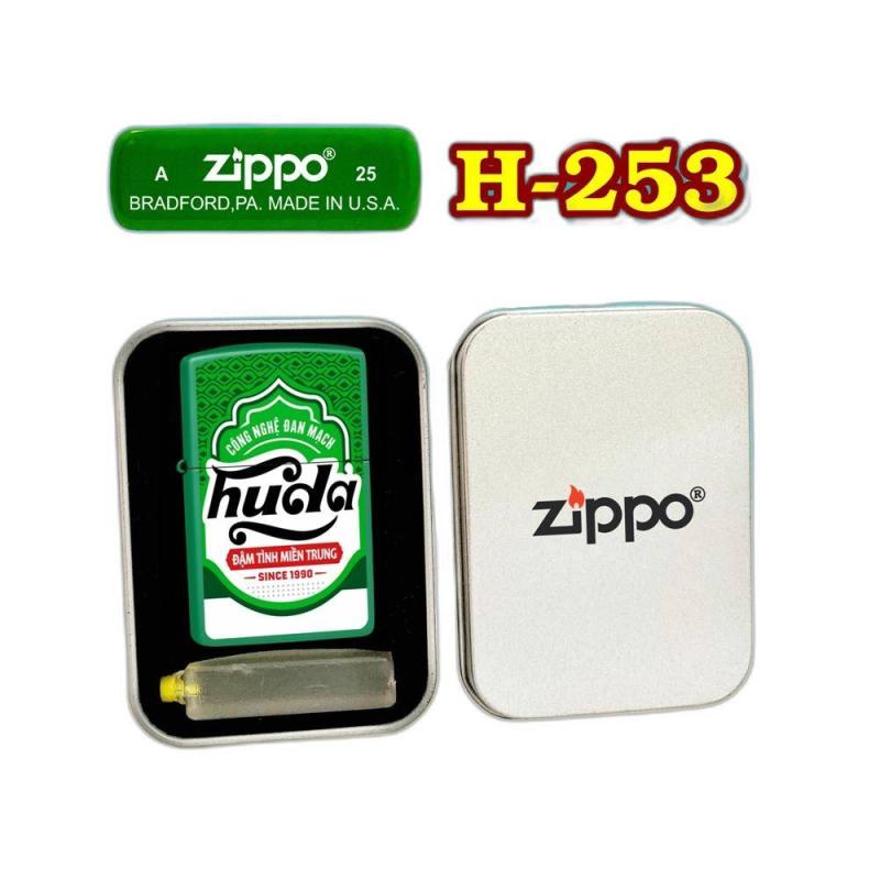Bật lửa Zippo sơn tĩnh điện 2 mặt hình logo bia Huda - hộp thiếc kèm xăng