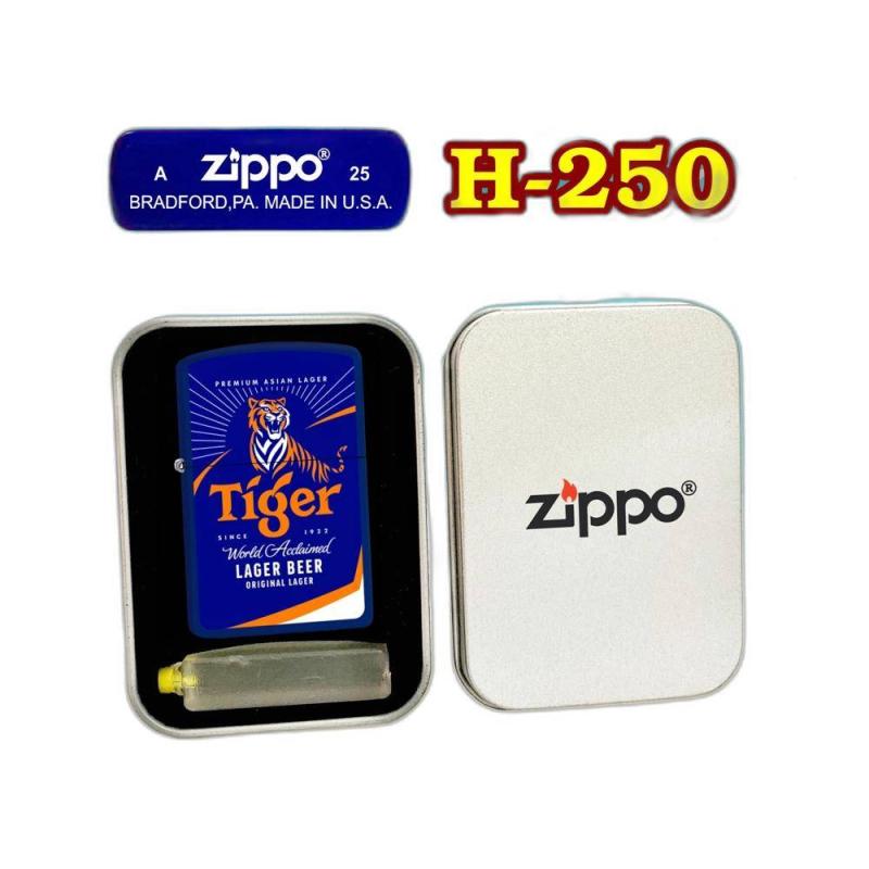 Bật lửa Zippo sơn tĩnh điện 2 mặt hình logo bia Tiger - hộp thiếc kèm xăng