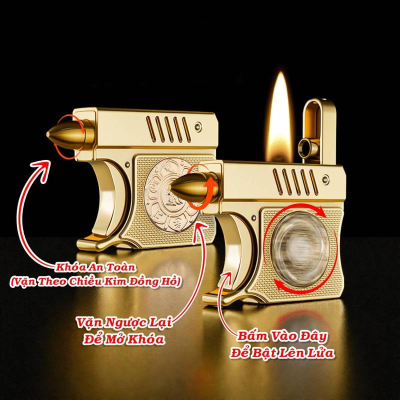 Bật lửa hình súng lục có vòng quay xả stress fullbox xài xăng