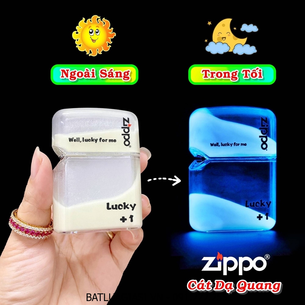 Bật lửa Zippo cát dạ quang có hộp trưng bày xài xăng màu trắng