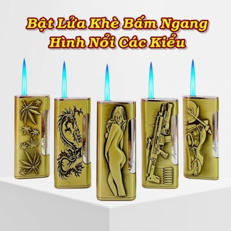 Bật lửa bấm ngang hình nổi nhiều loại dùng gas lửa khò