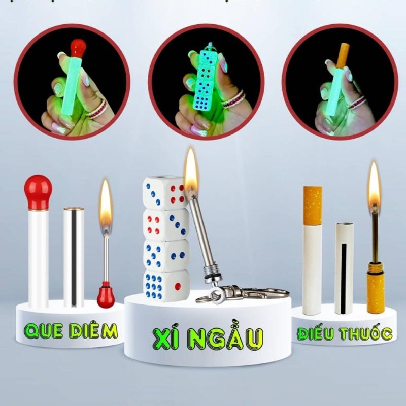 Bộ 3 bật lửa diêm xăng dạ quang xí ngầu, điếu thuốc, que diêm