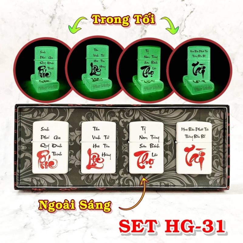 Bộ bật lửa Zippo chữ thư pháp dạ quang Phúc - Lộc - Thọ - Tài hộp giấy