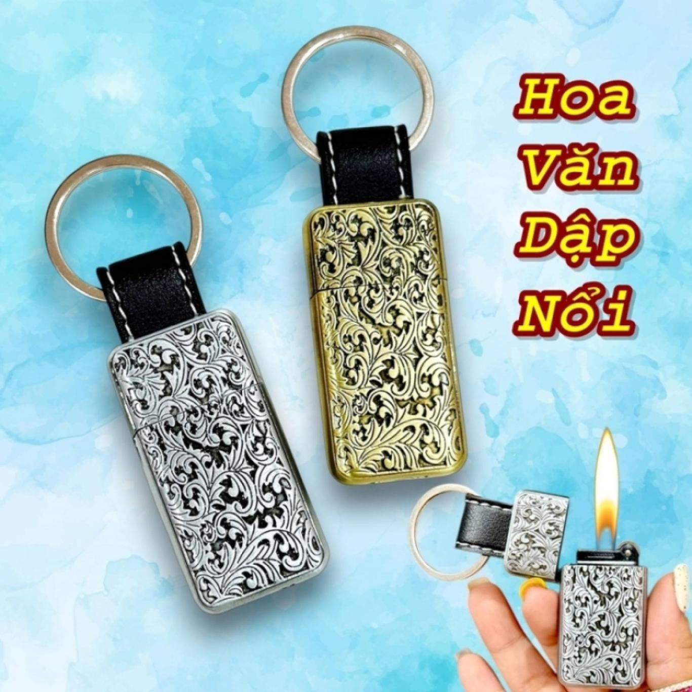 Bật lửa gas đá móc khóa hình hoa văn dập nổi