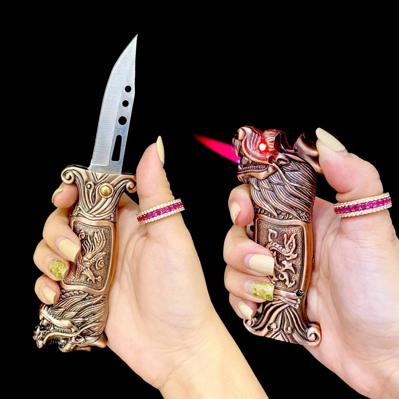 Bật lửa kèm dao bấm tự vệ đầu rồng có đèn led xài gas