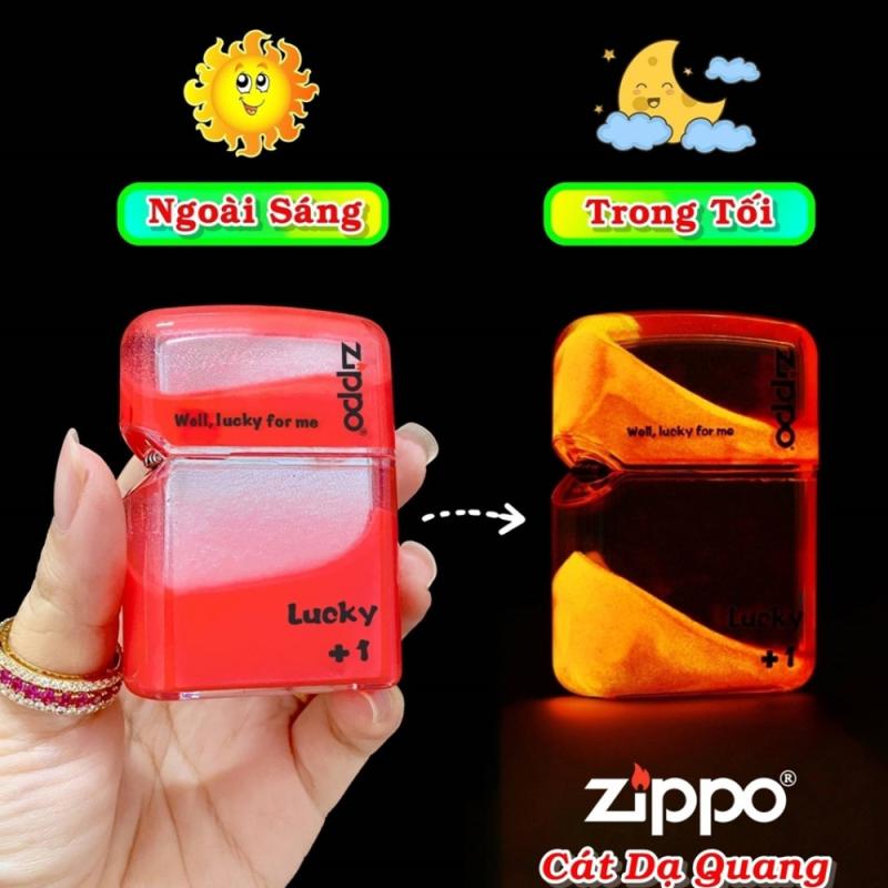 Bật lửa Zippo cát dạ quang màu hồng kèm hộp trưng bày xài xăng