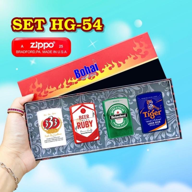 Bộ 4 bật lửa Zippo sơn tĩnh điện 2 mặt hình logo bia có mộc đáy hộp giấy xài xăng