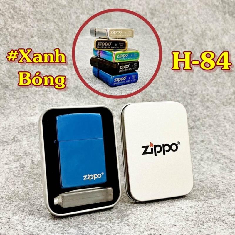Bật lửa Zippo màu xanh trơn bóng hộp thiếc kèm xăng