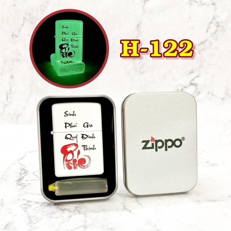 Zippo dạ quang chữ Phúc thư pháp hộp thiếc xăng