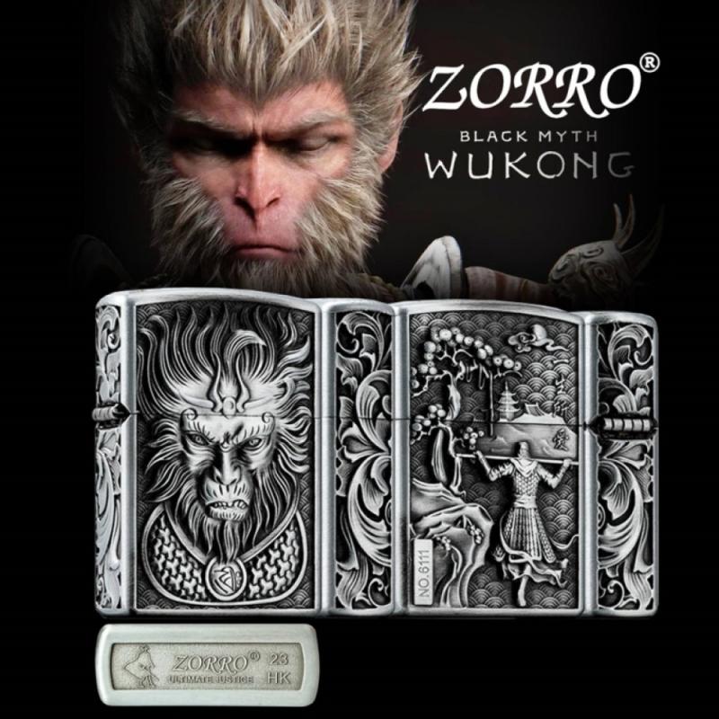 Bật lửa hình wukong dập nổi 6 mặt (fullbox) - (xài xăng) bạc