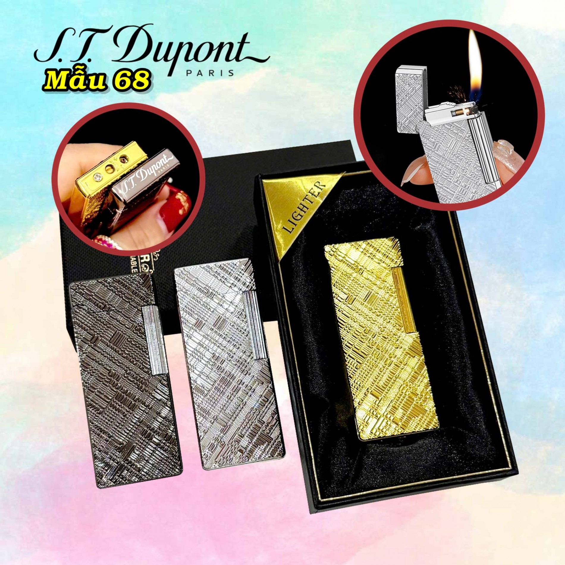 Bật lửa Dupont dài vân kim cương chéo M-68 có hộp xài gas