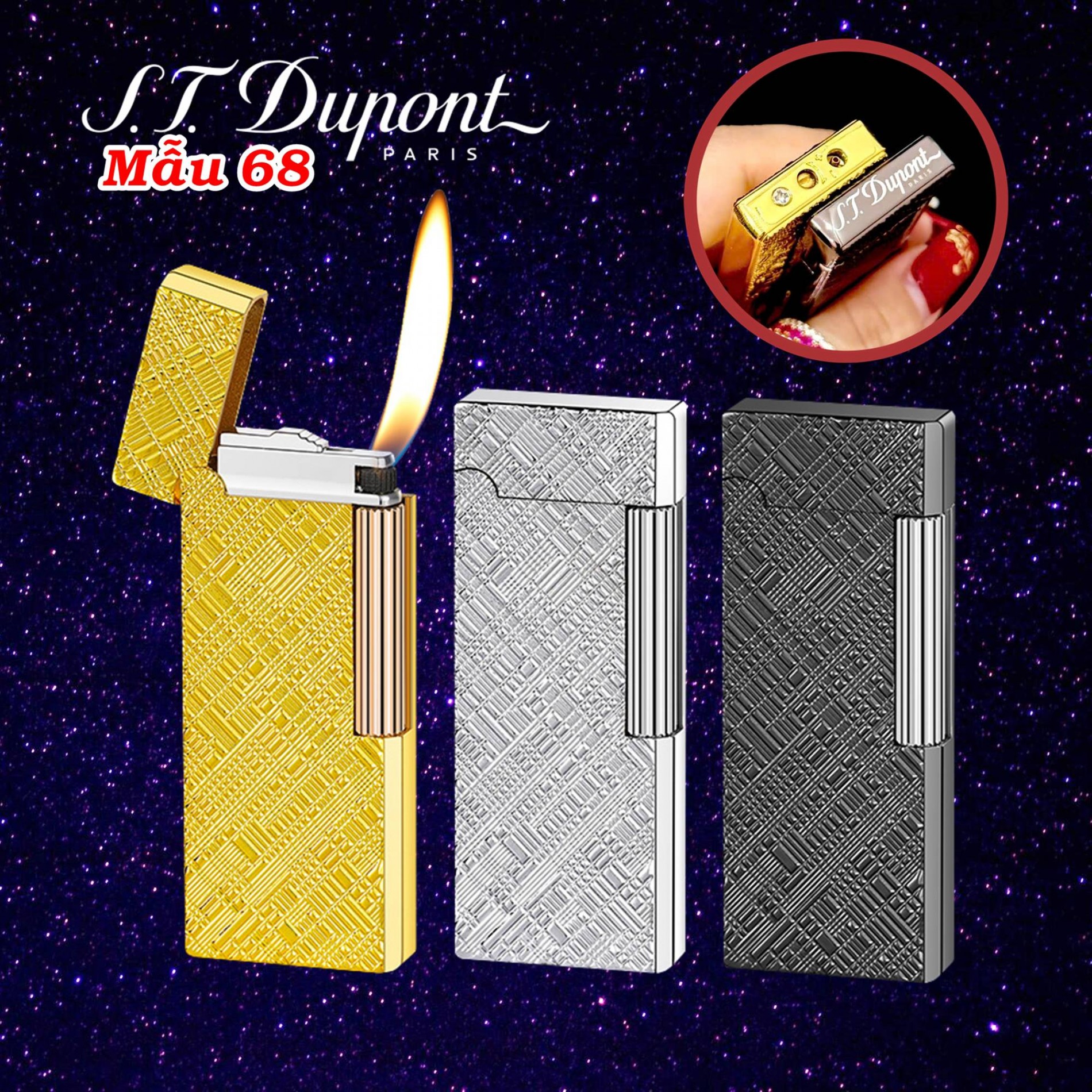 Bật lửa Dupont dài vân kim cương chéo M-68 có hộp xài gas