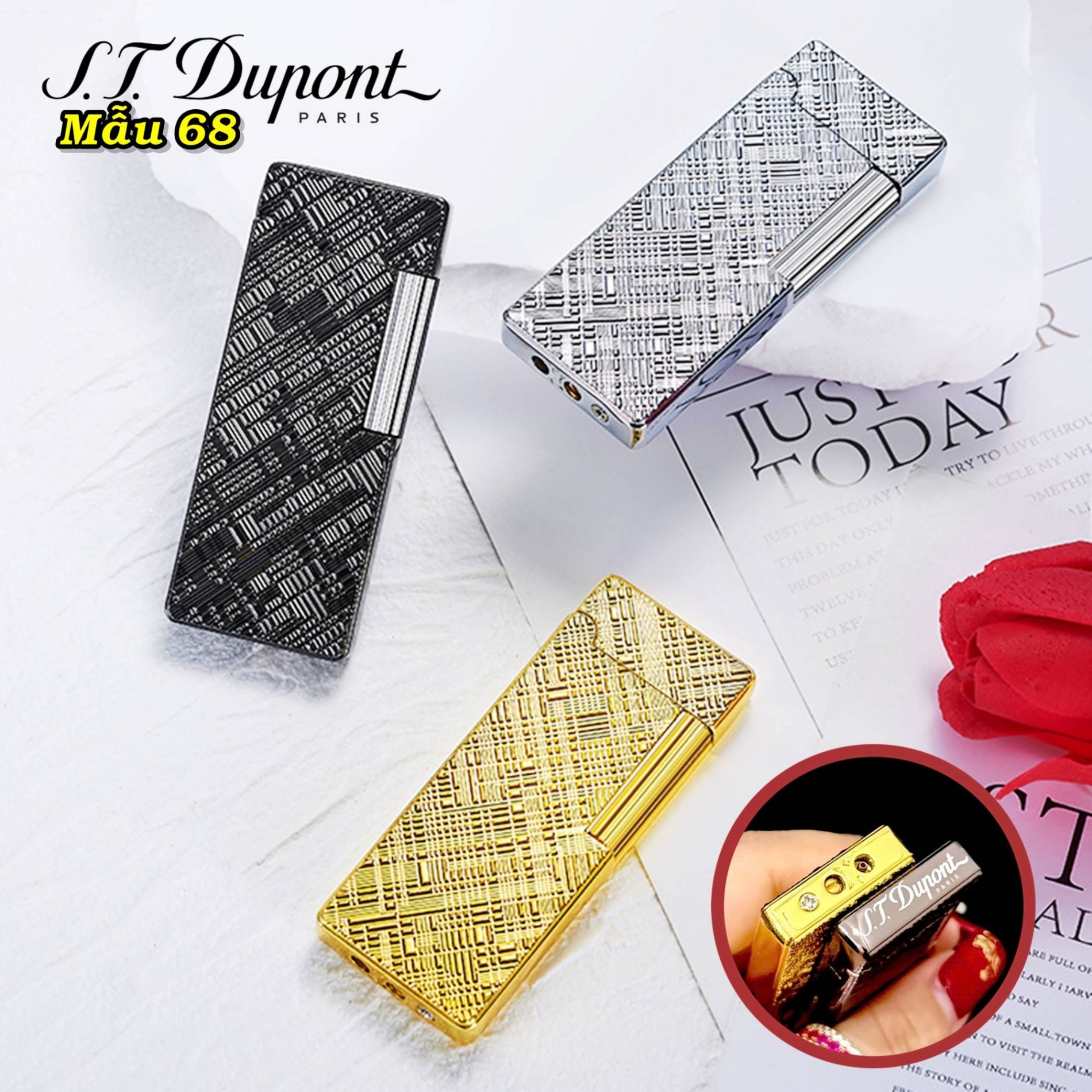 Bật lửa Dupont dài vân kim cương chéo M-68 có hộp xài gas