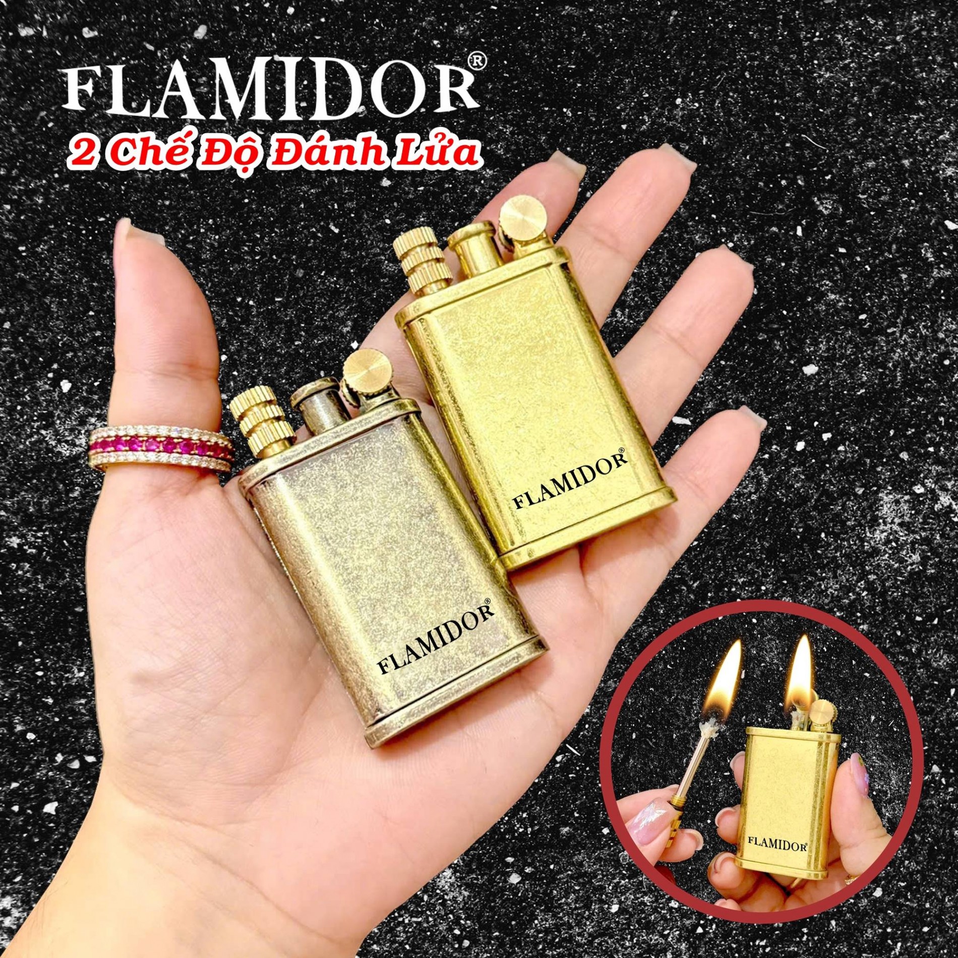 Bật lửa xăng đá flamidor 2 chế độ đánh lửa (kim loại nguyên khối) - (xài xăng)