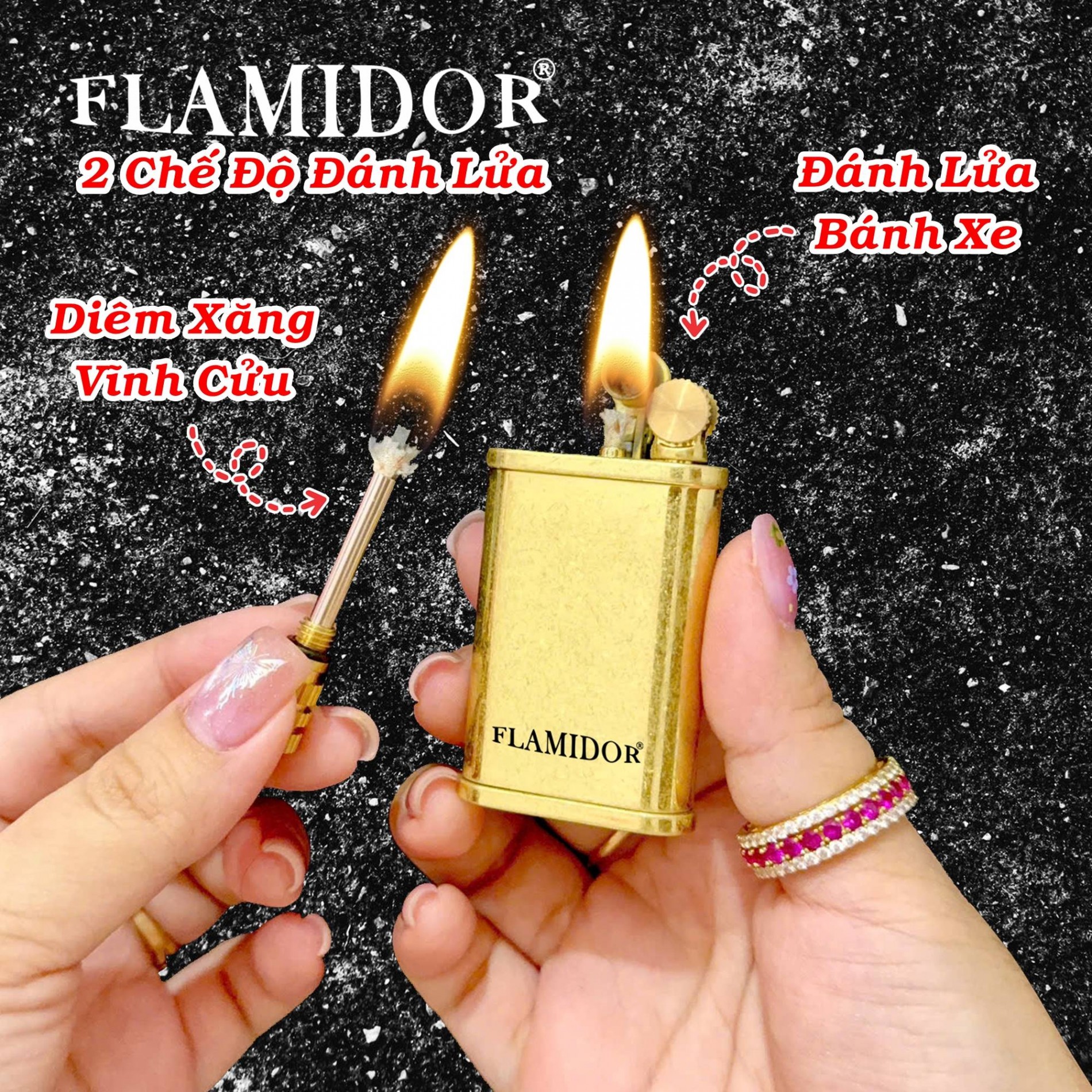Bật lửa xăng đá flamidor 2 chế độ đánh lửa (kim loại nguyên khối) - (xài xăng)