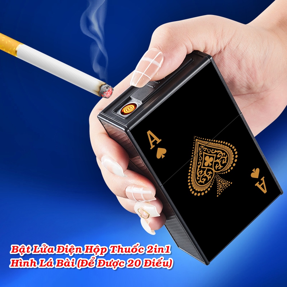 Bật lửa kiêm hộp thuốc hình lá bài đen để được 20 điếu thuốc sạc điện