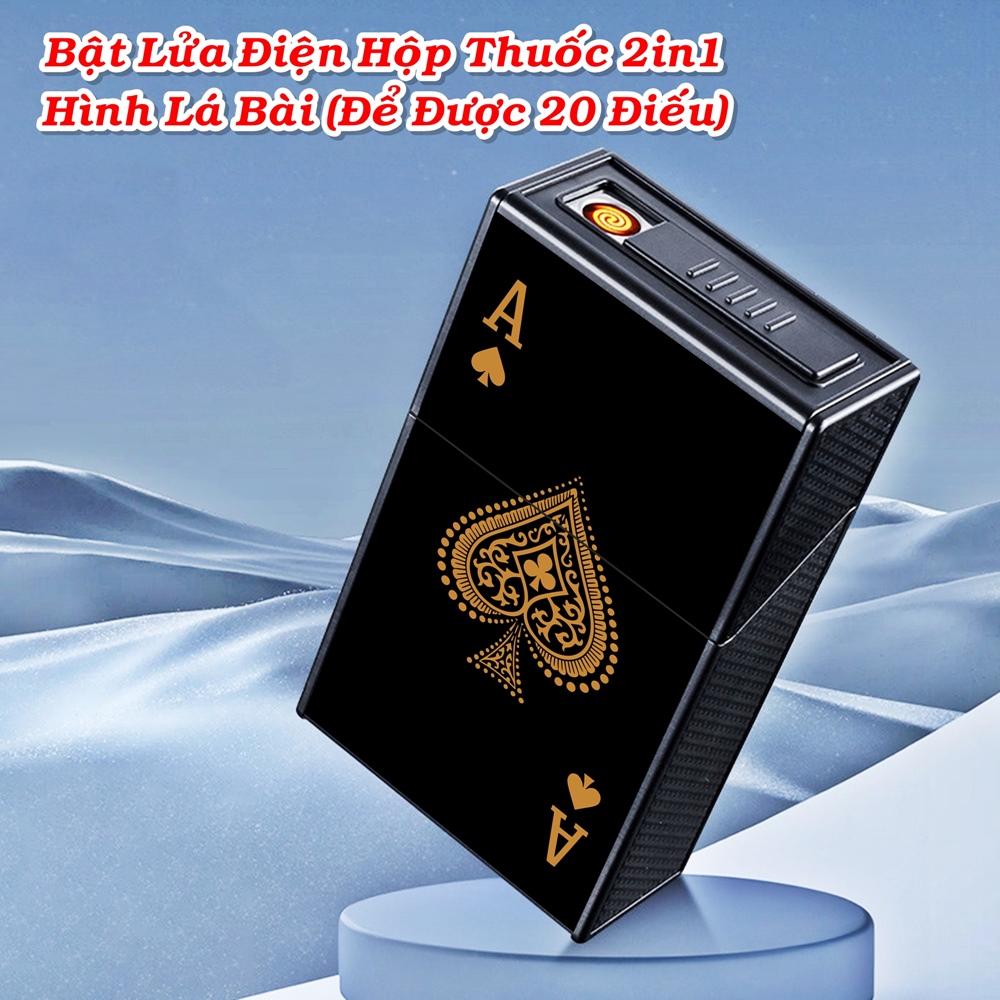 Bật lửa kiêm hộp thuốc hình lá bài đen để được 20 điếu thuốc sạc điện