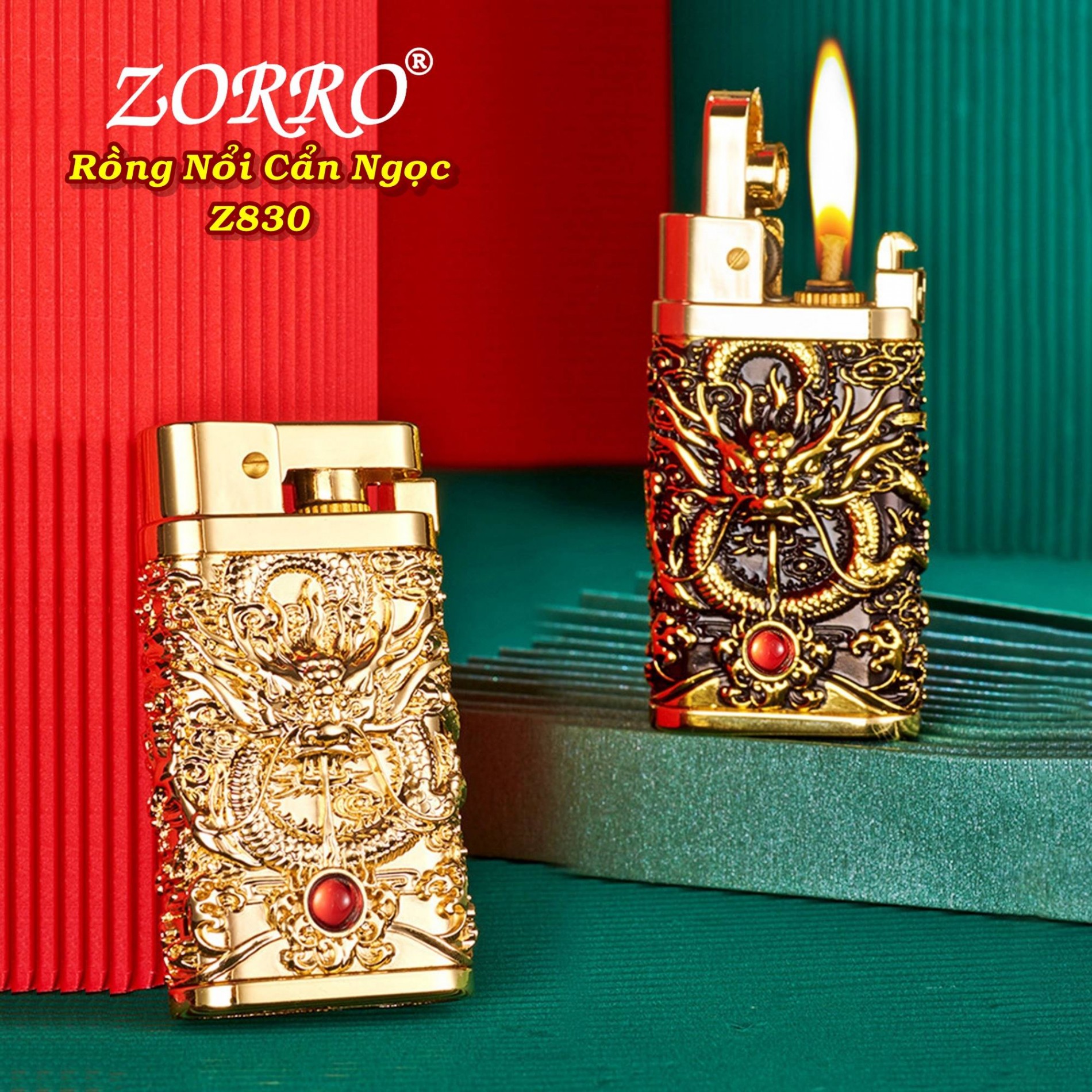 Bật lửa zorro xăng đá hình rồng nổi cẩn ngọc z830 - (xài xăng)