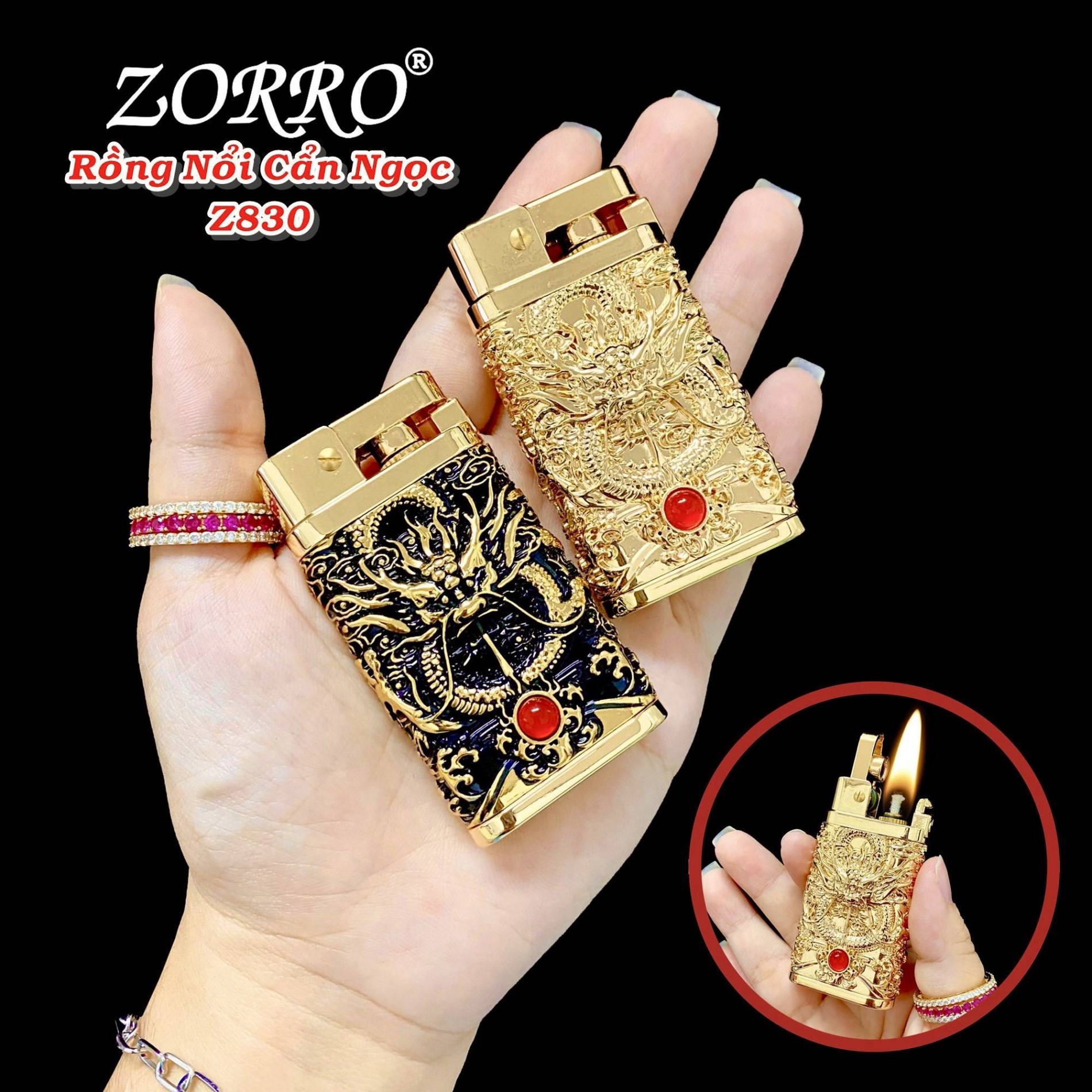 Bật lửa zorro xăng đá hình rồng nổi cẩn ngọc z830 - (xài xăng)