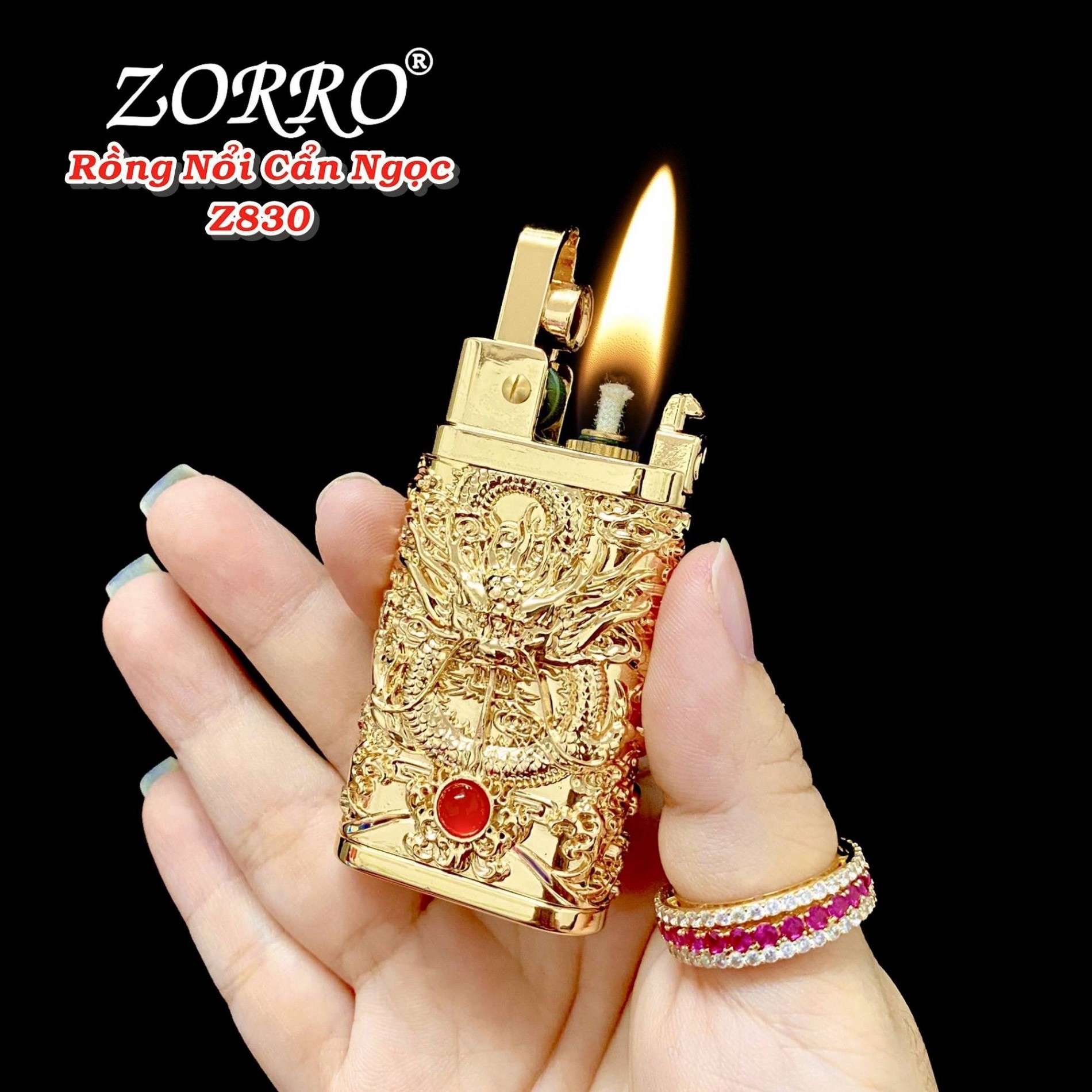 Bật lửa zorro xăng đá hình rồng nổi cẩn ngọc z830 - (xài xăng)